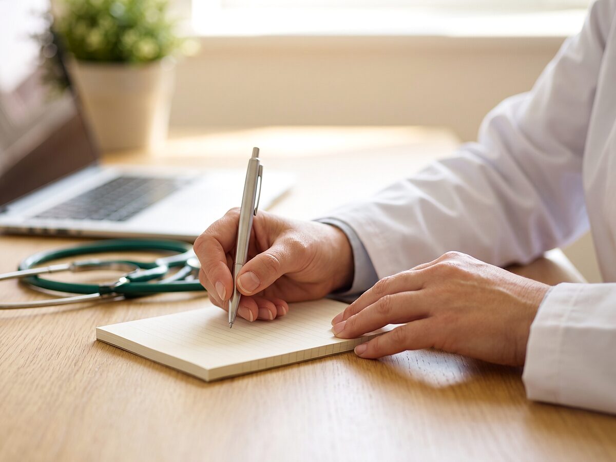 Clinician writing notes at a desk with a stethoscope