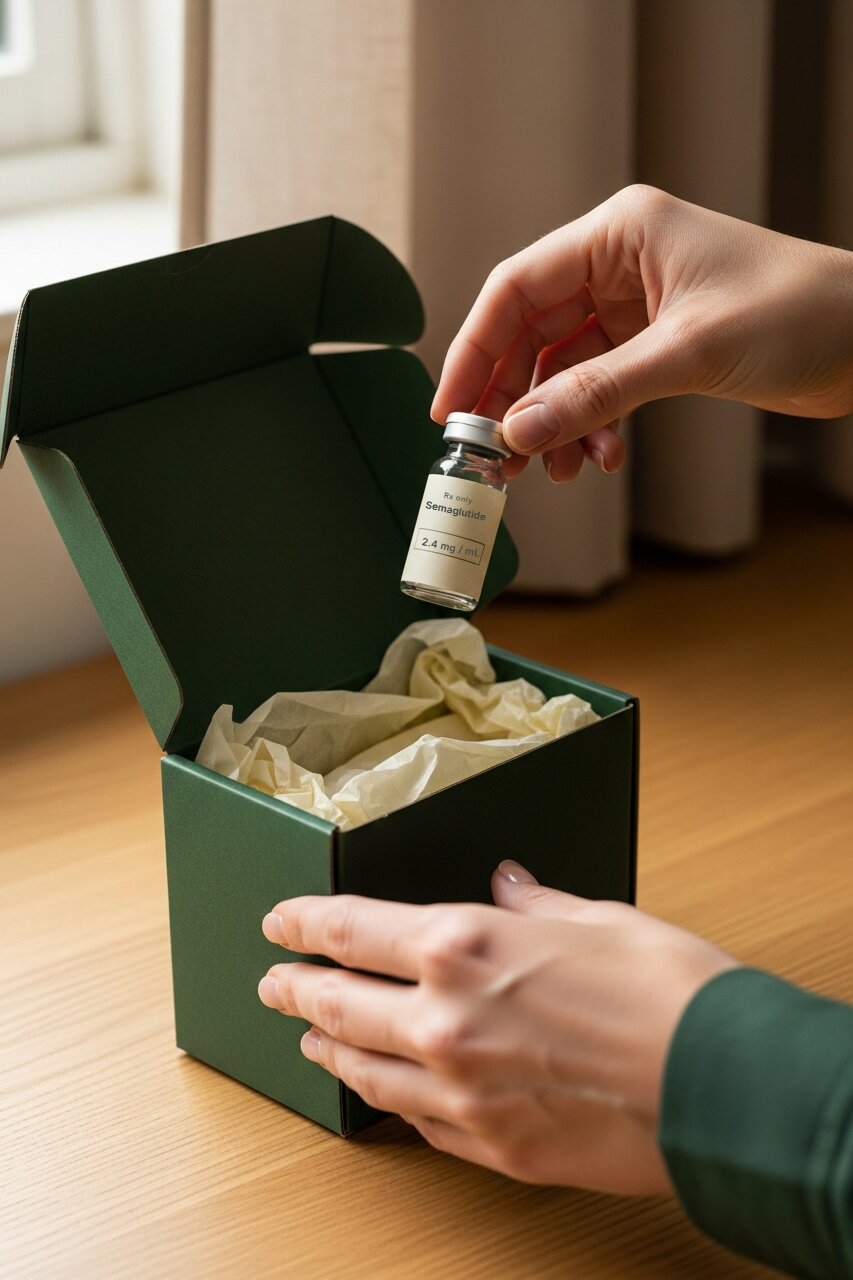Hands opening a Pillar delivery box and lifting out a medication vial